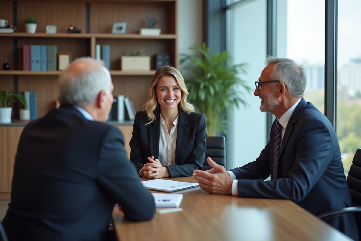 Conseillère financière souriante avec un couple dans un bureau moderne
