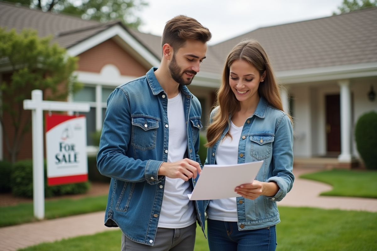 Jeune couple regardant un document immobilier devant une maison