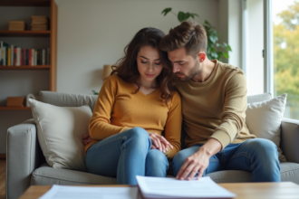 Jeune couple en réflexion avec documents d'adoption