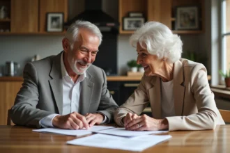 Couple d'une soixantaine souriant lors d'un dîner chaleureux