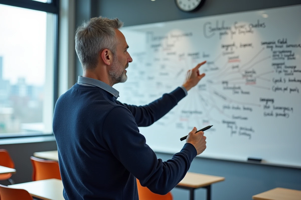 Professeur expliquant un schéma de champs sémantiques sur un tableau blanc dans une salle de classe moderne