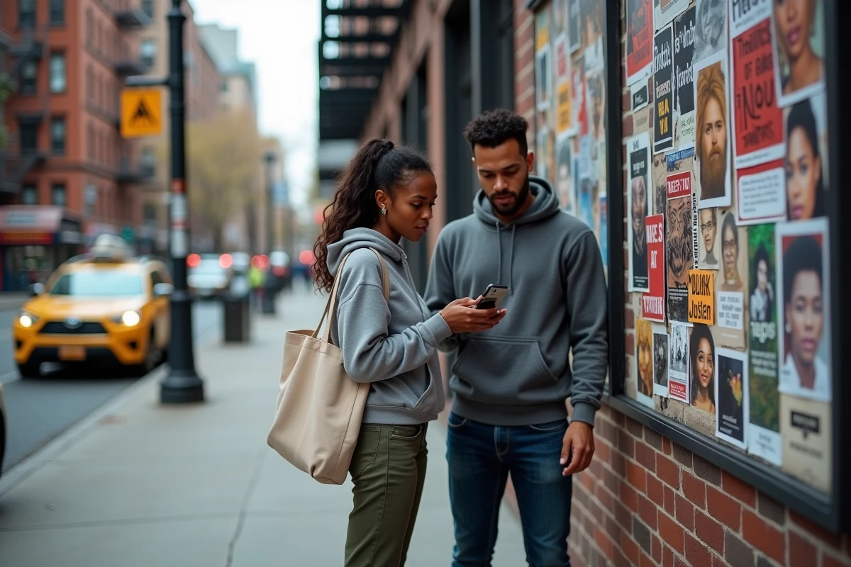 Deux jeunes adultes à New York consultant un smartphone devant un mur recouvert d'affiches militantes sur la justice sociale