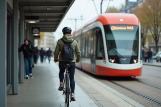 Une cycliste monte dans le tram Ligne 2 à Nantes avec son vélo, combinant mobilité douce et transport en commun