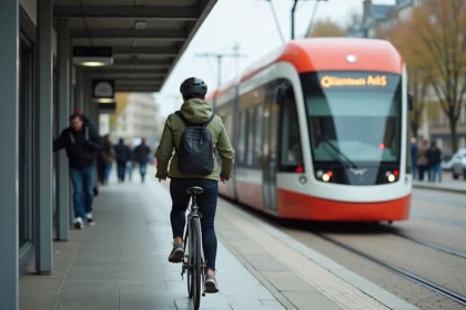 Une cycliste monte dans le tram Ligne 2 à Nantes avec son vélo, combinant mobilité douce et transport en commun