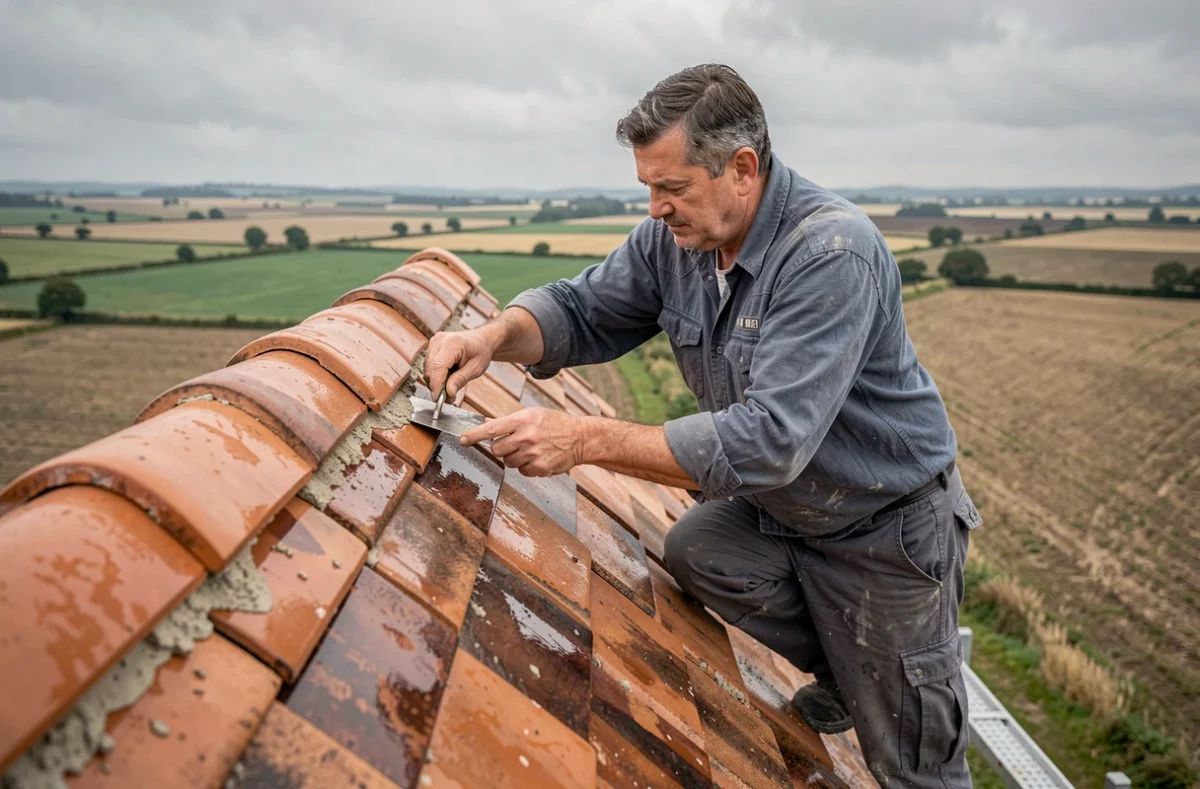 Couvreur de CYP Couverture installant des faîtières en terre cuite sur le toit d'un manoir normand traditionnel