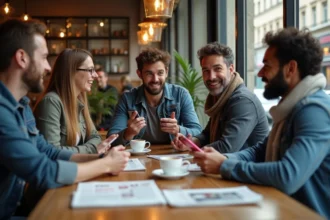 Groupe de personnes discutant de la définition du mot woke dans un café parisien autour d'une table en bois