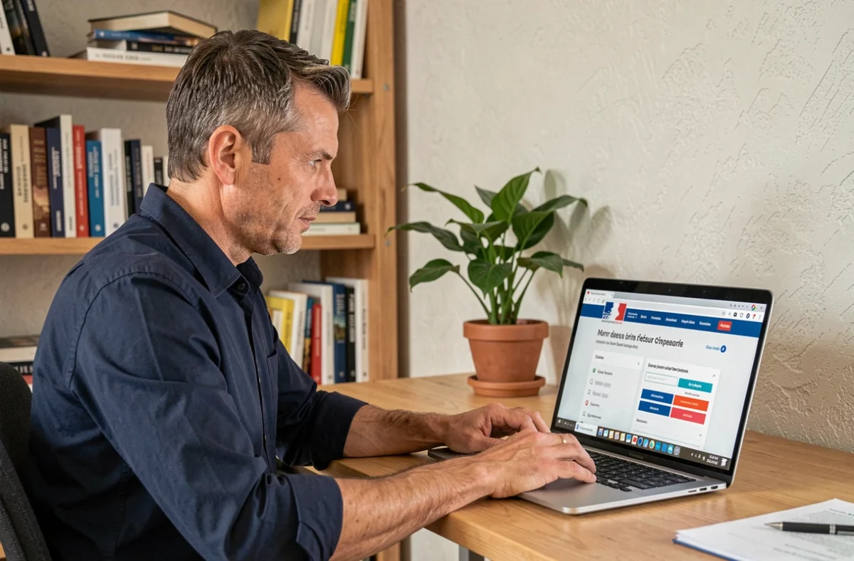 Homme effectuant une démarche administrative en ligne sur le portail de l'ANTS depuis son bureau à domicile pour renouveler un titre officiel