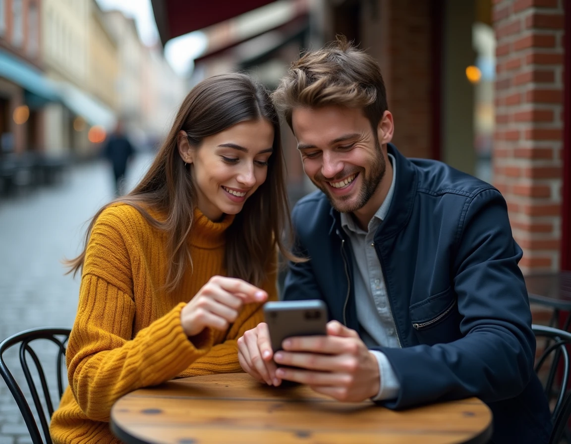 Deux amis regardant ensemble un jeu mobile sur smartphone à une table de café en plein air en ville