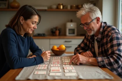 Deux joueurs adultes assis face à face à une table en bois, jouant à la crapette avec des rangées de cartes étalées entre eux dans une cuisine familiale