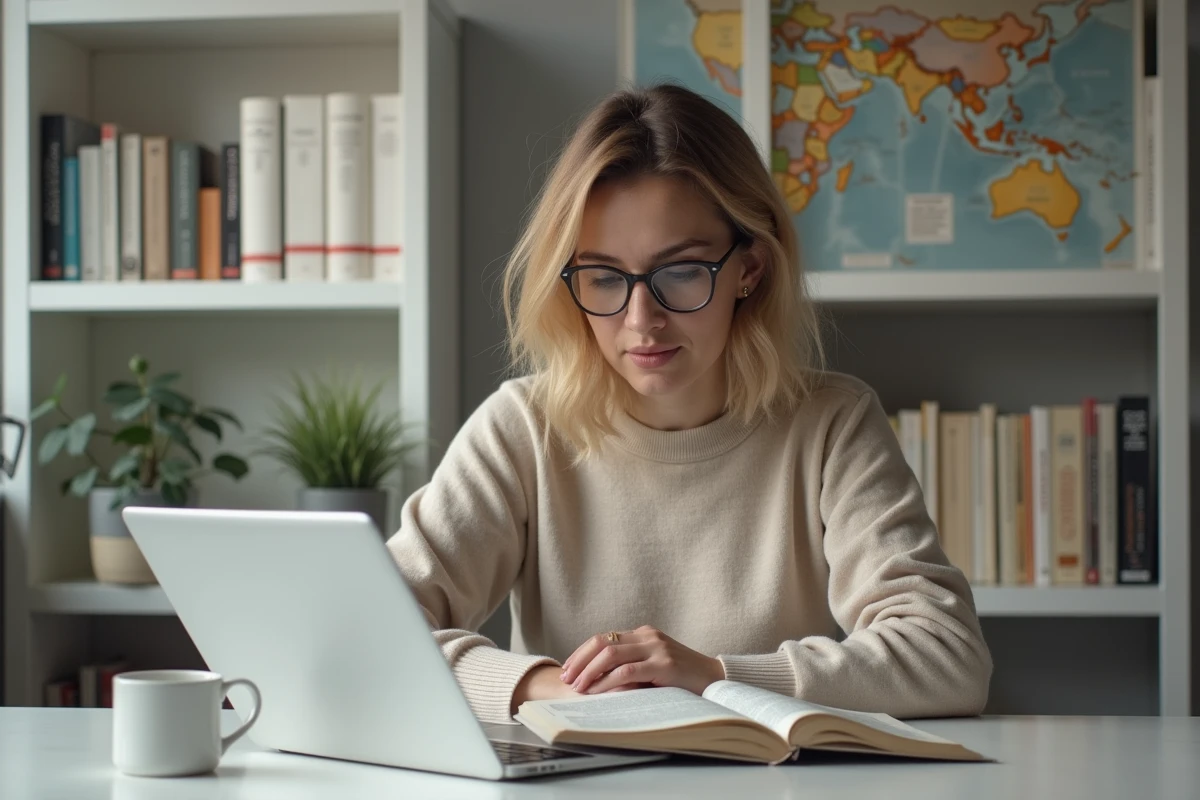 Femme intellectuelle lisant un livre sur le woke dans un bureau à domicile avec des sites d'information français et américains affichés à l'écran
