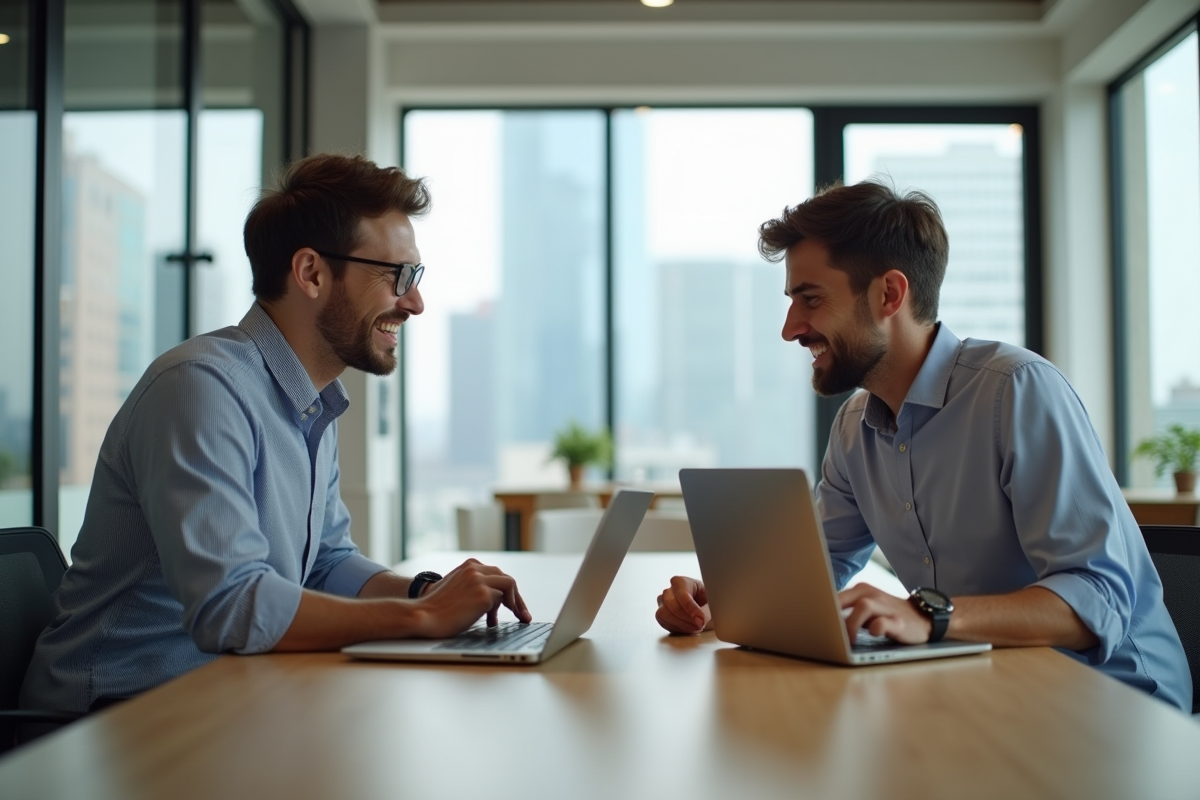 Deux hommes discutant dans un espace de coworking moderne