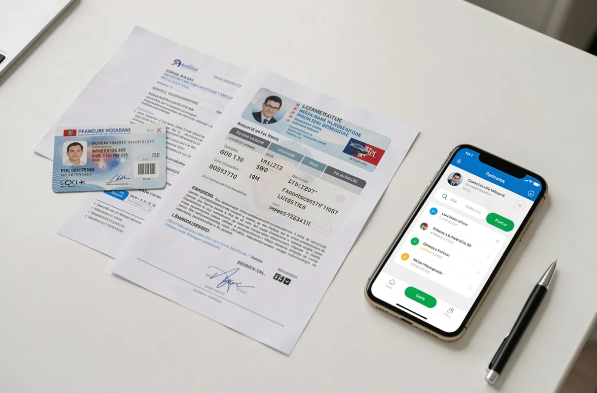 Carte nationale d'identité française et certificat d'immatriculation posés sur un bureau avec un smartphone affichant l'application de l'ANTS