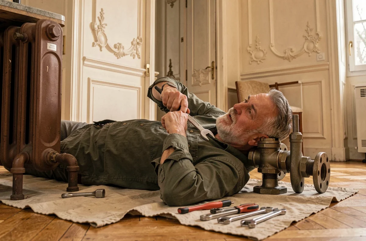 M. Duluc Arnaud plombier serrant un raccord de radiateur fonte dans un appartement de caractère à Périgueux