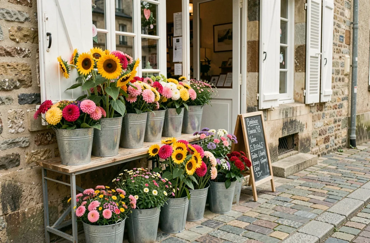Étal libre-service de fleurs coupées en plein air devant la boutique Émilie Fleurs à Sainte-Geneviève