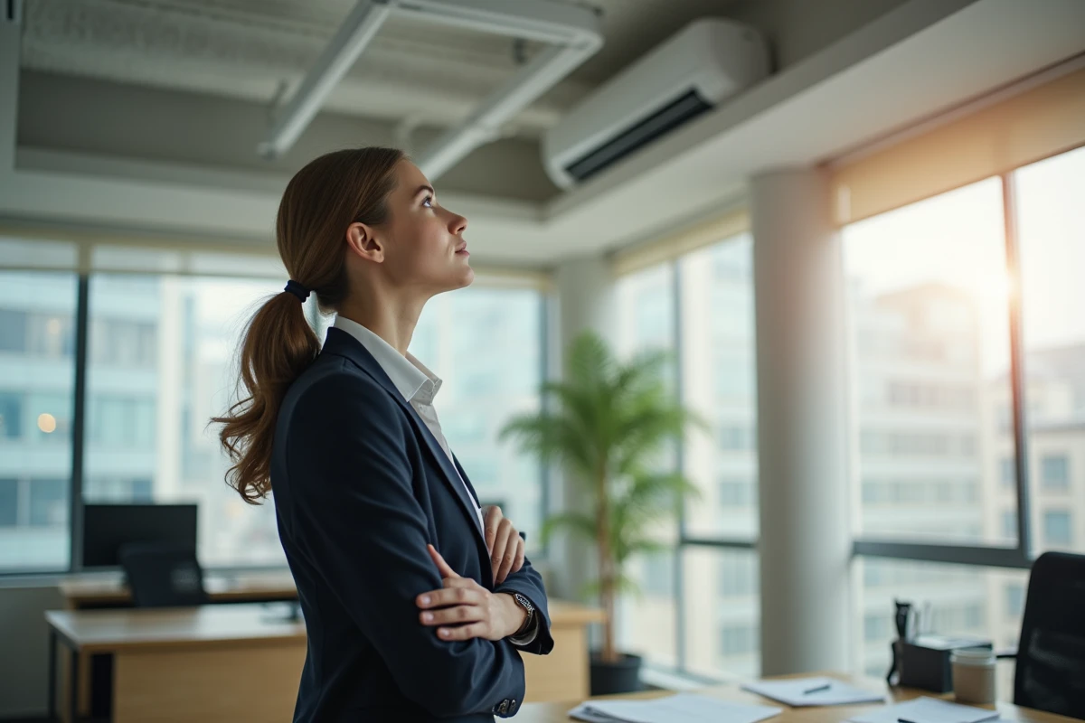 Employée observant la nouvelle climatisation au bureau
