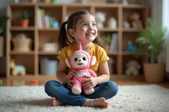 Petite fille souriante avec jouet teletubby dans le salon
