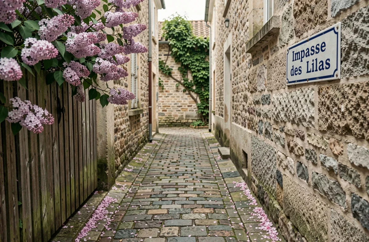 Vue de l'entrée d'une impasse avec panneau 'Impasse des Lilas' et buissons de lilas en fleur