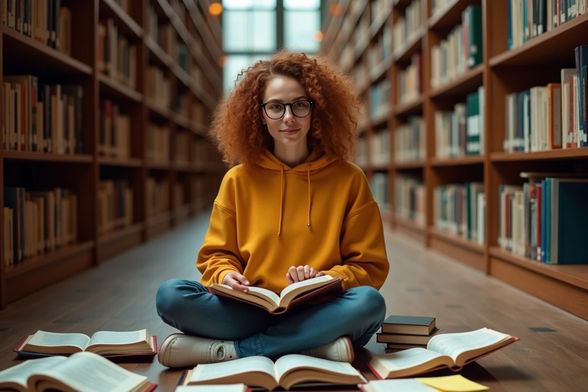 Jeune femme étudiant la sémantique entourée de dictionnaires et de thésaurus sur le sol d'une bibliothèque universitaire