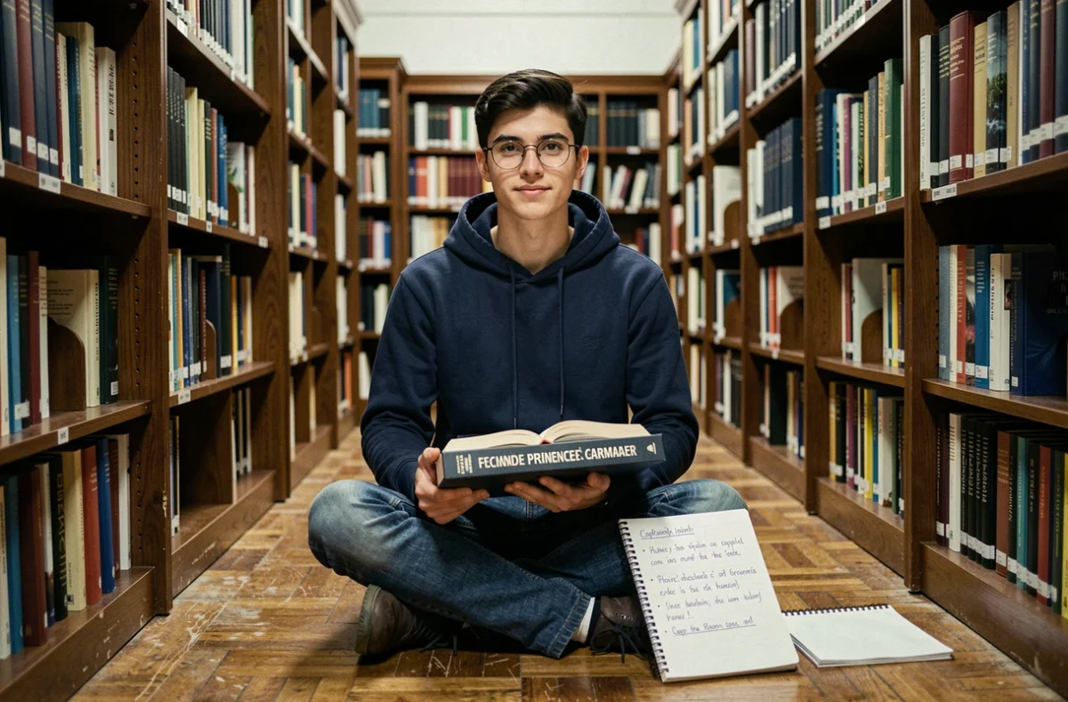 Jeune homme révisant la règle de la majuscule en grammaire française dans une bibliothèque universitaire avec un manuel ouvert