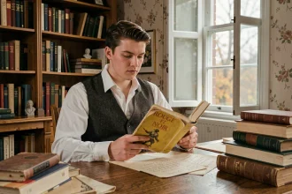 Étudiant lisant Le Rouge et le Noir de Stendhal à un bureau en bois ancien entouré de livres et de notes manuscrites