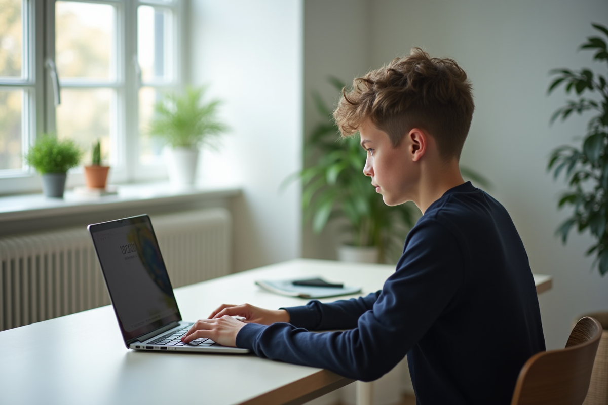 Étudiant seul travaillant sur un ordinateur portable dans un bureau minimaliste