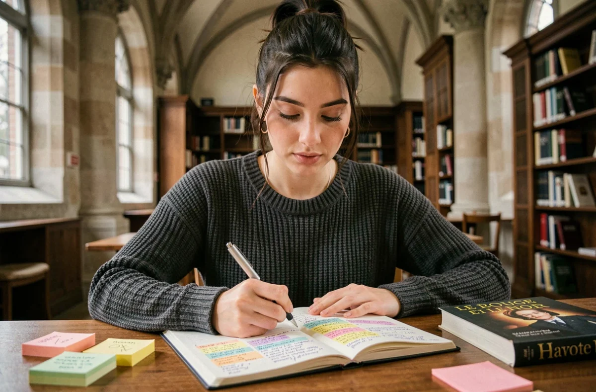Étudiante annotant Le Rouge et le Noir dans une bibliothèque universitaire avec des notes colorées et des post-it