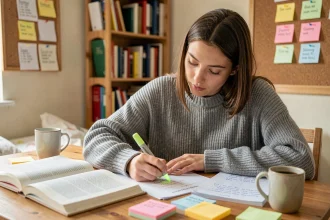Étudiante révisant les règles de la majuscule pour le Bac entourée de fiches et de livres ouverts sur son bureau