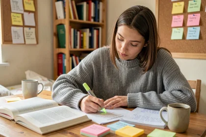 Étudiante révisant les règles de la majuscule pour le Bac entourée de fiches et de livres ouverts sur son bureau