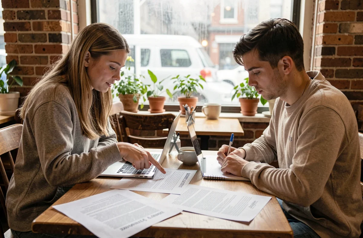 Deux étudiants révisant ensemble les règles orthographiques des majuscules pour leurs concours dans un café avec des fiches imprimées