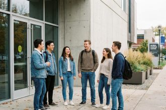 Groupe d'étudiants internationaux devant un bâtiment moderne
