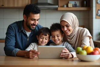 Famille nord-africaine vérifiant les horaires de prière