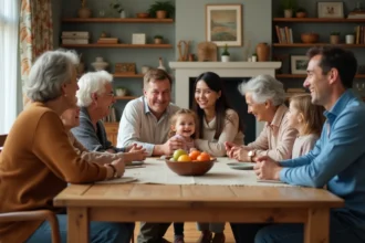Famille multigenerational autour d'une table en intérieur