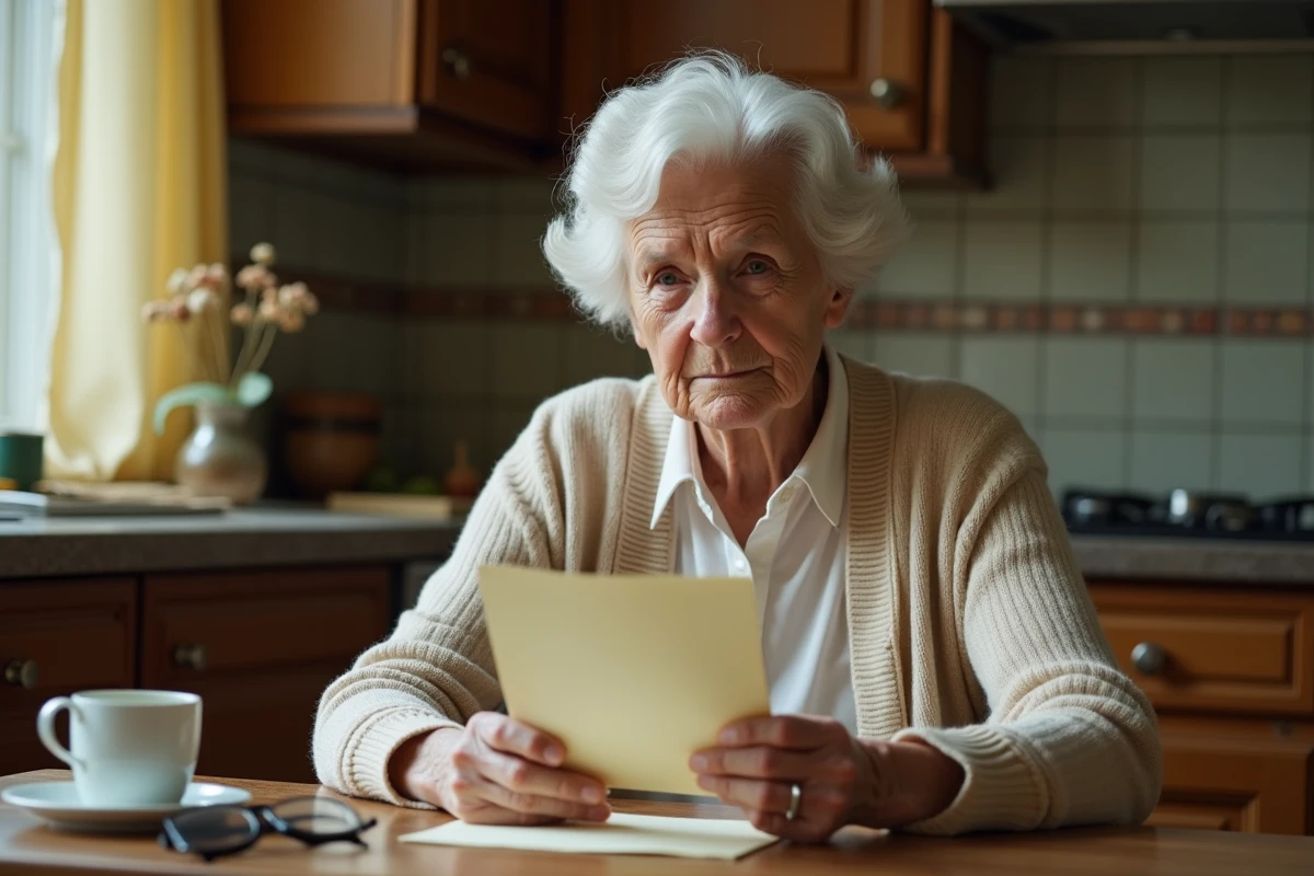 Femme âgée lisant une lettre seule à une table de cuisine, scène poignante évoquant la solitude, la tristesse et le souvenir