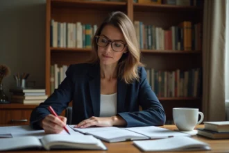 Femme professionnelle annotant des documents avec des synonymes dans un bureau à domicile entouré de dictionnaires