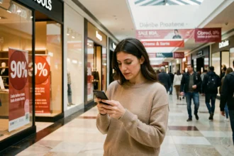 Femme consultant son smartphone dans un centre commercial français pendant les promotions du Black Friday