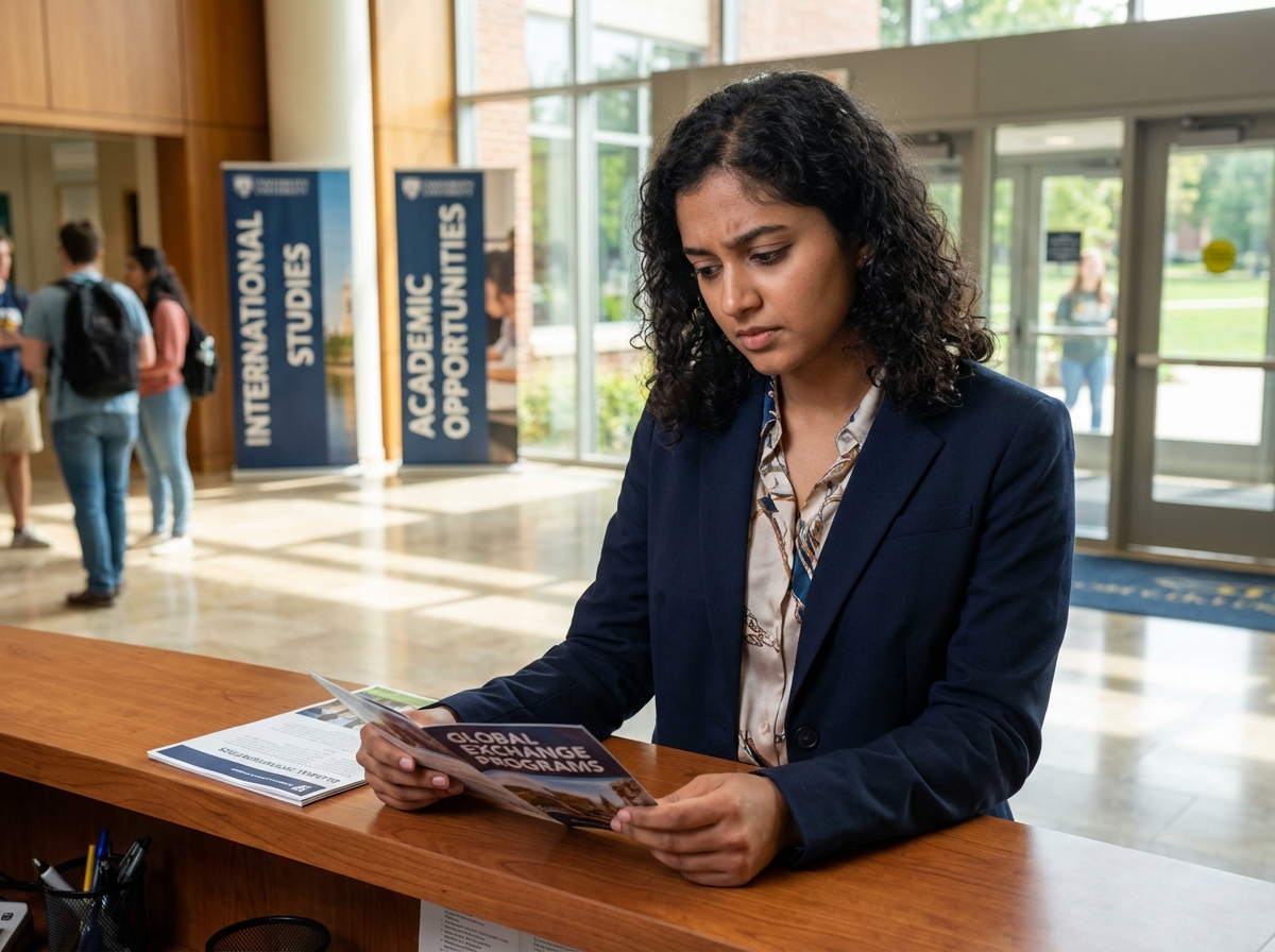 Jeune femme consulte des brochures dans un hall universitaire