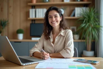 Femme en bureau avec calendrier 2026 et ordinateur portable
