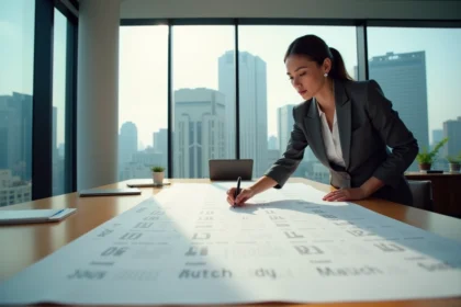 Femme professionnelle consultant un calendrier 2026 étalé sur un bureau en bois dans un bureau moderne avec vue sur la ville