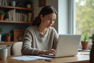 Femme d'âge moyen travaillant sur son ordinateur dans une cuisine
