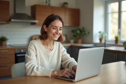 Femme travaillant sur son ordinateur dans une cuisine lumineuse