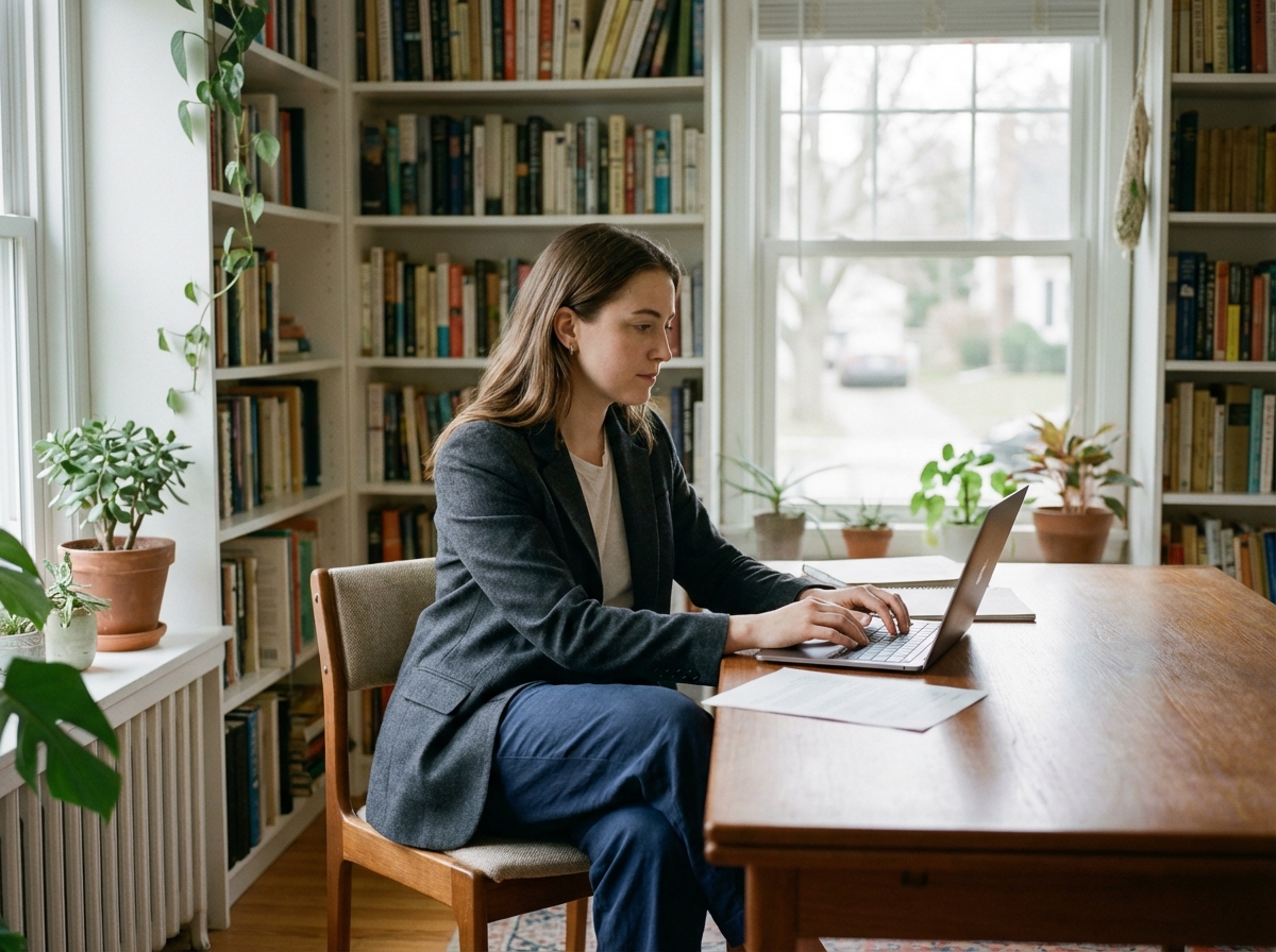 Jeune femme travaille sur un ordinateur dans un bureau calme
