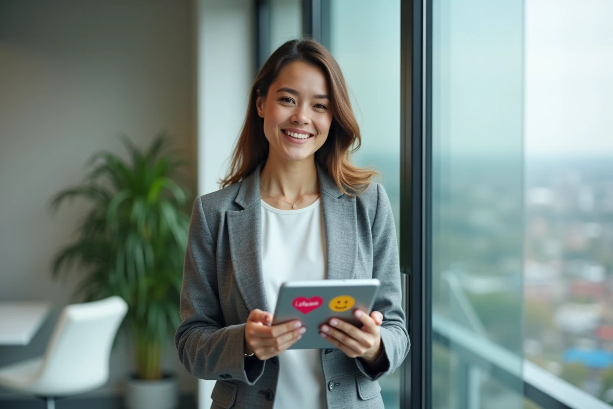 Femme professionnelle dans un bureau moderne tenant une tablette avec des emojis de remerciement affichés sur une application de messagerie