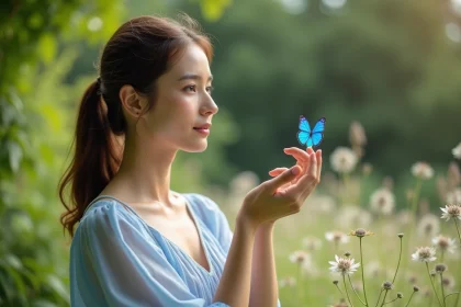 Femme en robe bleue contemplant un papillon dans un jardin