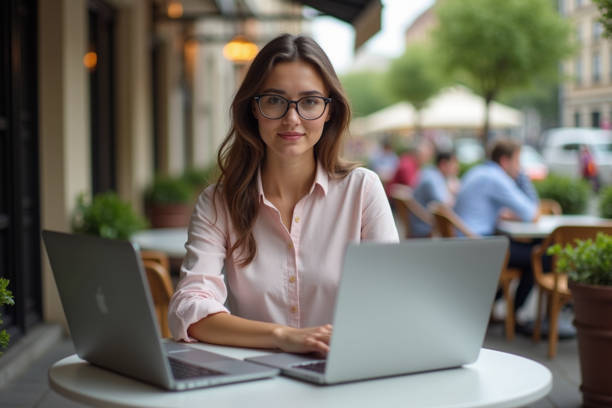 Jeune femme comparant deux ordinateurs portables en terrasse de café