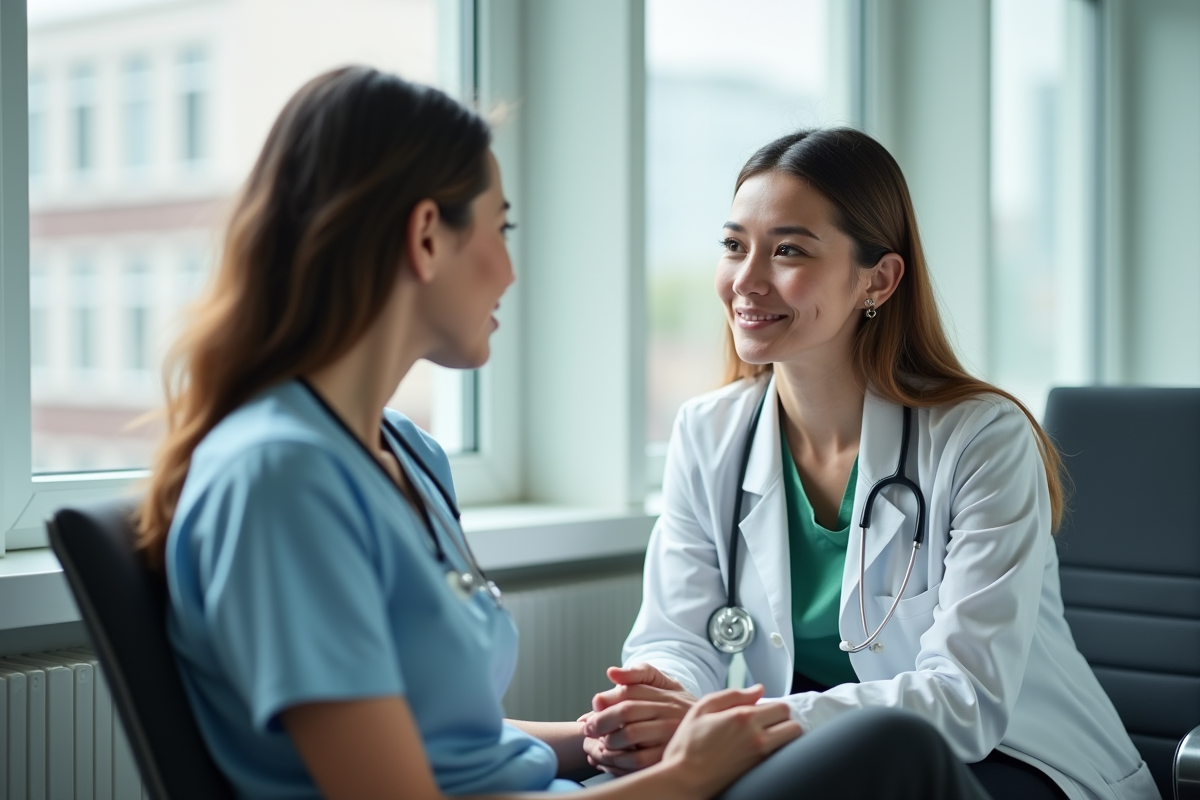 Femme en consultation avec un médecin dans une clinique urbaine lumineuse