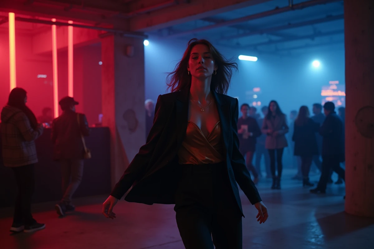 Jeune femme dansant dans une boîte électro parisienne lors d'un afterwork qui se transforme en soirée club, ambiance sombre et industrielle