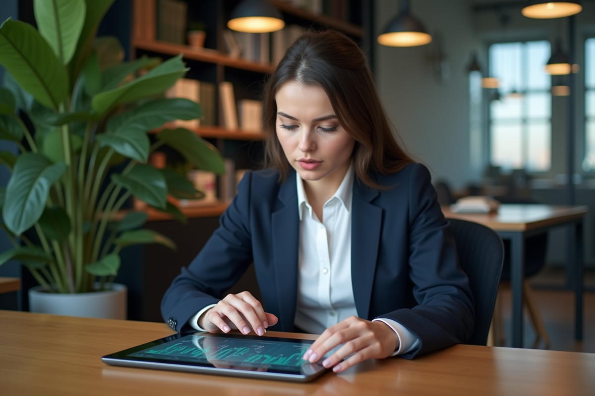 Jeune femme fintech analysant des données sur une tablette