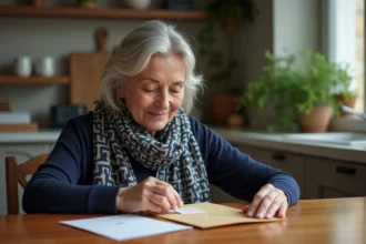 Femme en train d affranchir une lettre dans une cuisine chaleureuse