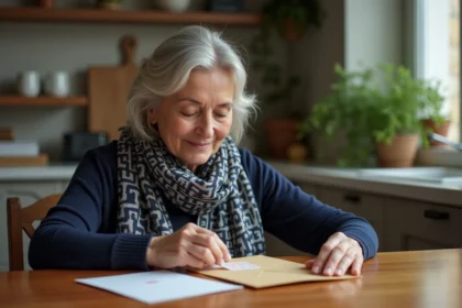 Femme en train d affranchir une lettre dans une cuisine chaleureuse