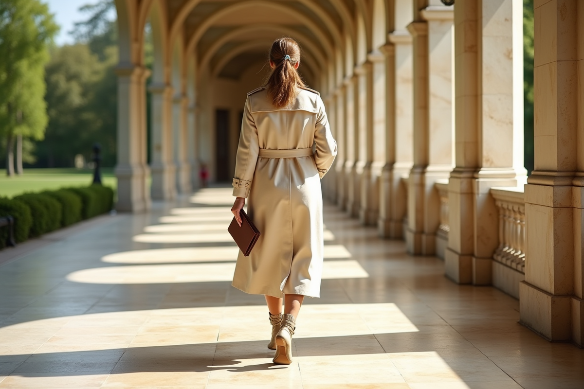 Femme chic marchant dans une colonnade en estate français